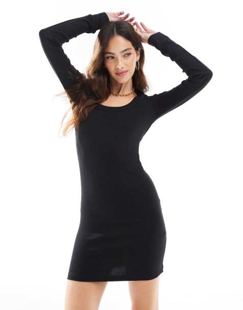 ASOS DESIGN - Sort og ribstrikket minikjole med lange ærmer og dyb rund hals - view 1