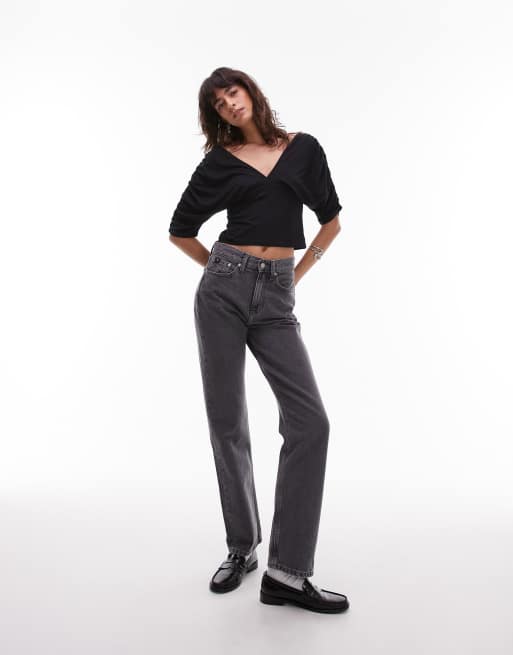ASOS DESIGN - Sort og stram batwing-top med dyb udskæring fortil og rynker i taljen, 4 af 4