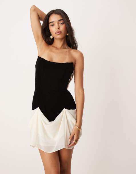 ASOS DESIGN - Sort og struktureret minikjole i velour med draperet chiffonskørt - view 1