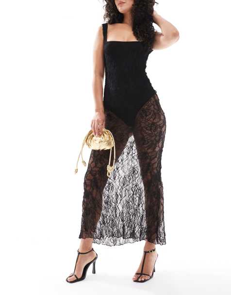 ASOS DESIGN - Sort og tekstureret maxikjole med firkantet hals og bodystocking med blonder - view 1