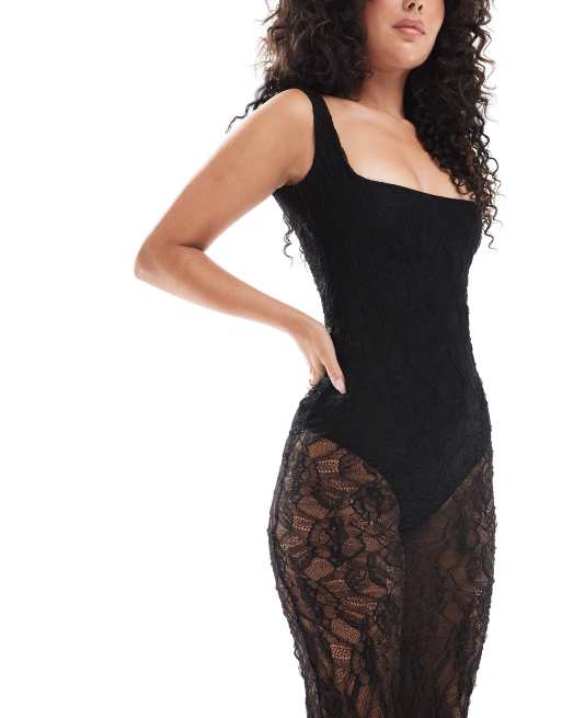 ASOS DESIGN - Sort og tekstureret maxikjole med firkantet hals og bodystocking med blonder, 2 af 4