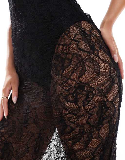 ASOS DESIGN - Sort og tekstureret maxikjole med firkantet hals og bodystocking med blonder, 3 af 4