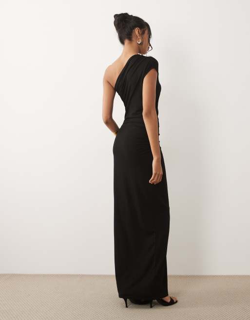 ASOS DESIGN - Sort oneshoulder-maxikjole med rynker i siden, 2 af 4