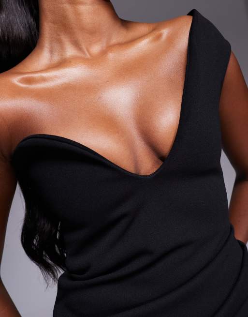 ASOS DESIGN - Sort oneshoulder-midikjole med slids og rynker i crepe i scuba-stil, 3 af 4
