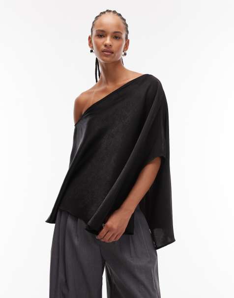 ASOS DESIGN - Sort oneshoulder-top i satin med kappe - view 1