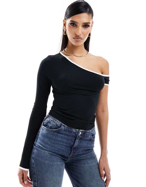 ASOS DESIGN - Sort oneshoulder-top med kontrastfarvede tittekanter