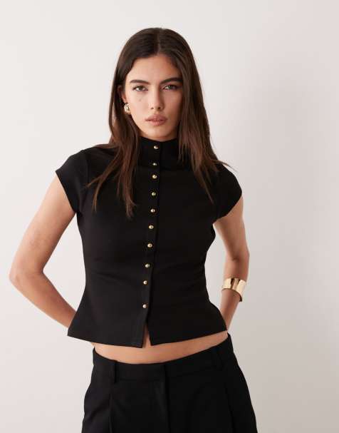 ASOS DESIGN - Sort overdel i interlock-stof med ståkrave og knapper foran - view 1