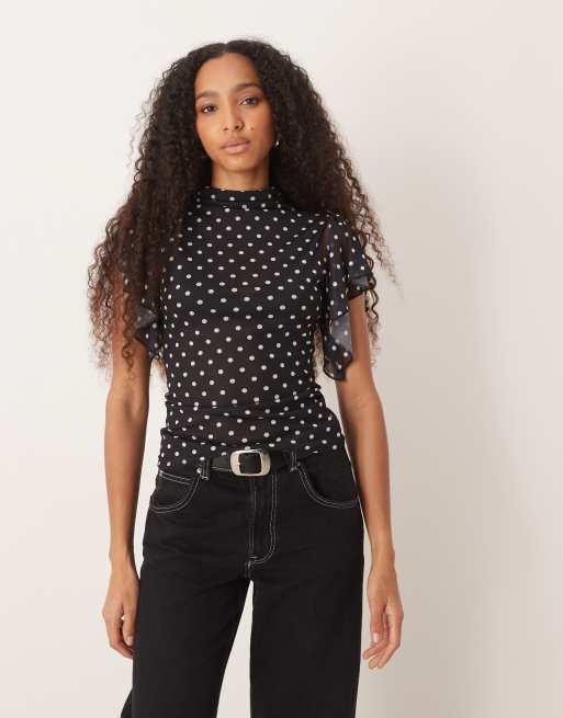 ASOS DESIGN - Sort overdel i mesh med flagrende ærmer og polkaprikker, 3 af 4