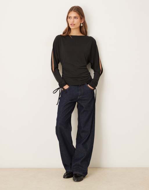 ASOS DESIGN - Sort overdel med bådudskæring, lange ærmer og korsettalje i modal, 2 af 4