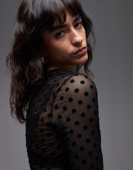 ASOS DESIGN - Sort overdel med lange ærmer og polkaprikker i gennemsigtig mesh, 2 af 4