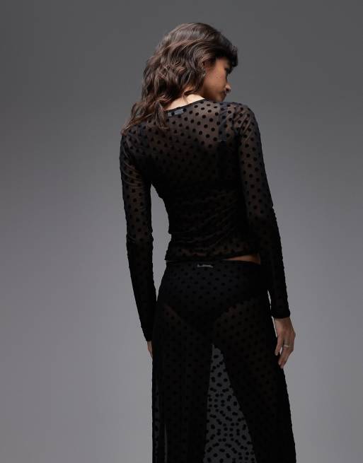 ASOS DESIGN - Sort overdel med lange ærmer og polkaprikker i gennemsigtig mesh, 4 af 4