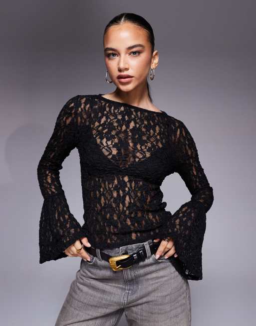 ASOS DESIGN - Sort overdel med manchetter med svaj i gennemsigtigt blondestof, 2 af 4