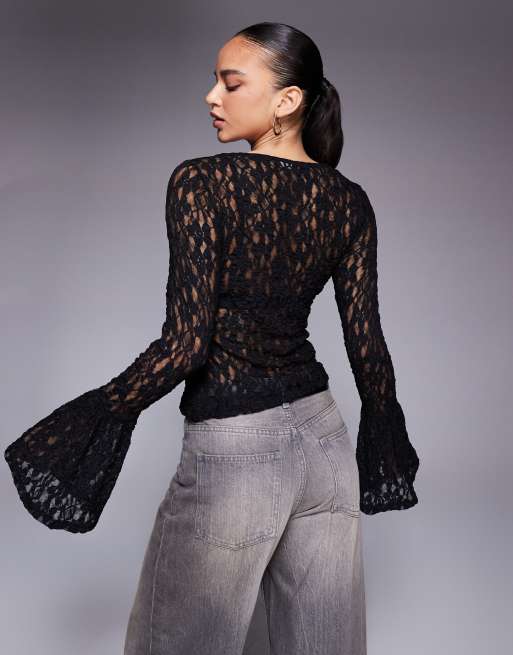 ASOS DESIGN - Sort overdel med manchetter med svaj i gennemsigtigt blondestof, 4 af 4