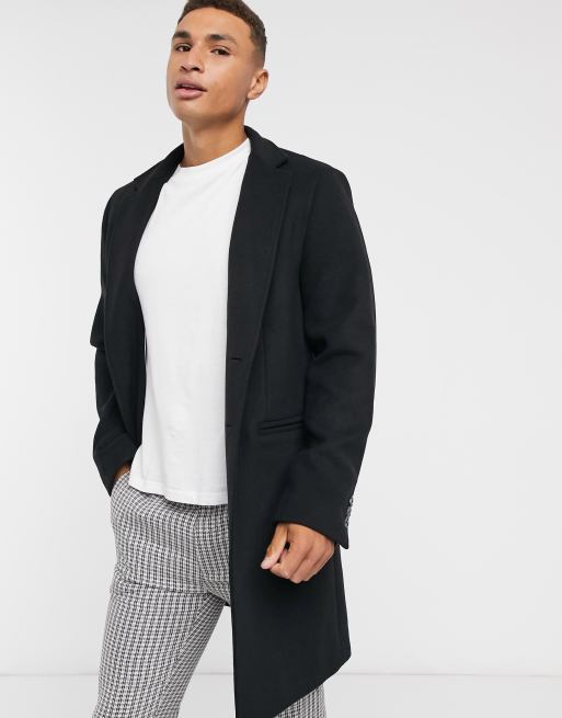 ASOS DESIGN - Sort overfrakke i uldblanding med indadvendt krave