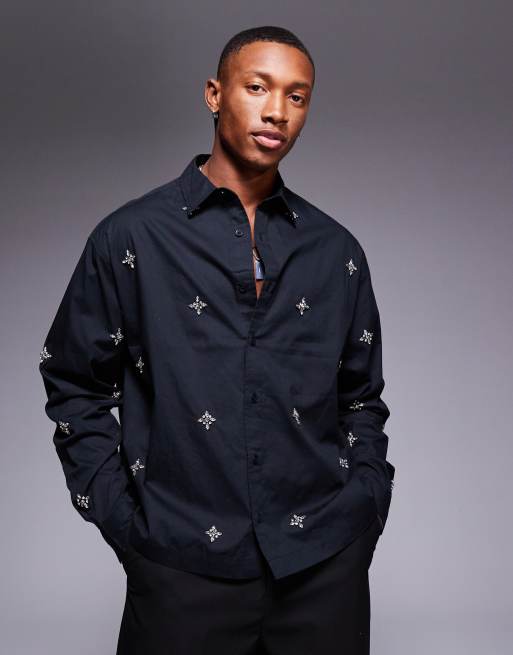 ASOS DESIGN - Sort oversized firkantet skjorte med udsmykning