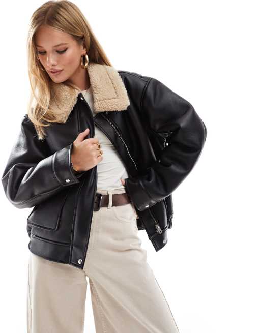 ASOS DESIGN - Sort oversized flight-jakke med krave i imiteret lammeskind