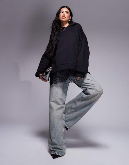 ASOS DESIGN - Sort oversized hættetrøje med blondeindsats, 2 af 4