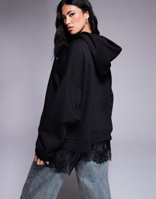 ASOS DESIGN - Sort oversized hættetrøje med blondeindsats, 4 af 4