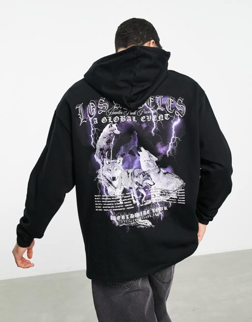 ASOS DESIGN - Sort oversized hættetrøje med fotografisk ulveprint på ryggen