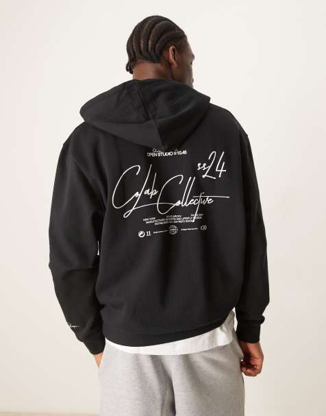 ASOS DESIGN - Sort oversized hættetrøje med gennemgående lynlås og print på brystet og ryggen - view 1