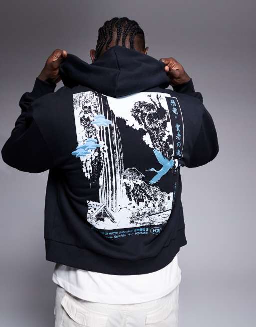 ASOS DESIGN - Sort oversized hættetrøje med gennemgående lynlås og print på ryggen i firkantet pasform 
