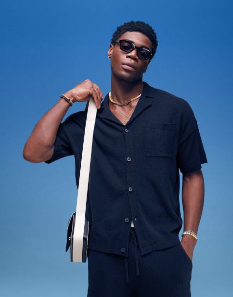 ASOS DESIGN - Sort oversized let poloskjorte med gennemgående knapper i firkantet pasform - Del af sæt - view 1