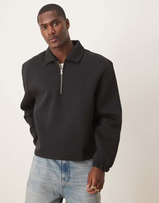 ASOS DESIGN - Sort, oversized og firkantet rugby-sweatshirt i scuba-stof med kvart lynlås