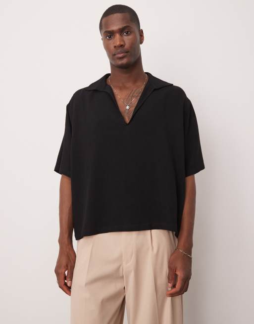 ASOS DESIGN - Sort, oversized og firkantet skjorte med dyb V-hals