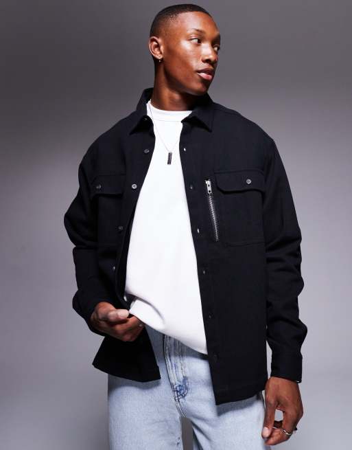 ASOS DESIGN - Sort, oversized og firkantet skjorte med påsyede lommer