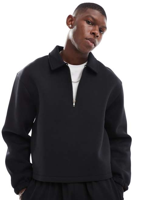 ASOS DESIGN - Sort, oversized og firkantet sweatshirt i scuba-stof med kvart lynlås