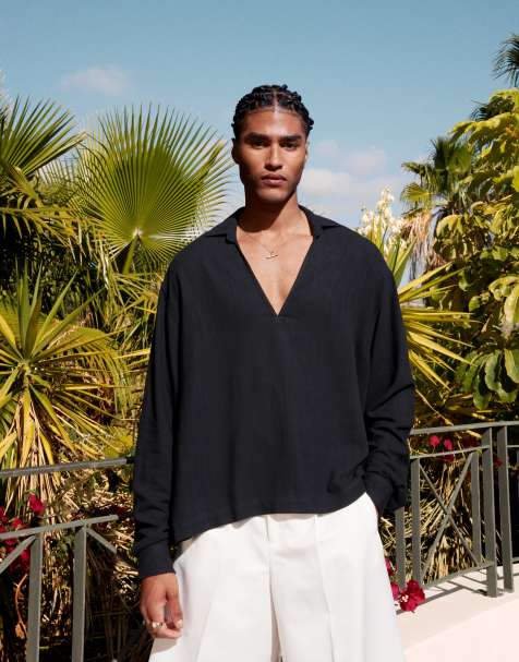ASOS DESIGN - Sort oversized overhead-skjorte i hørblanding i firkantet pasform - view 1