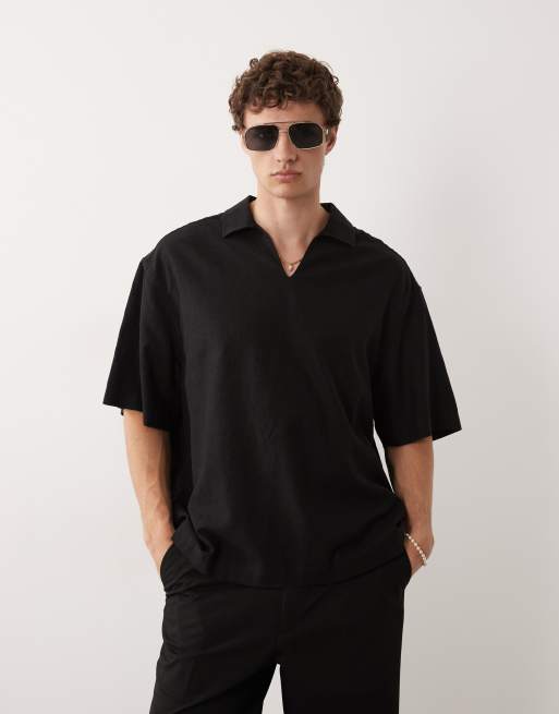 ASOS DESIGN - Sort oversized overhead-skjorte i hørblandingsmateriale med firkantet pasform