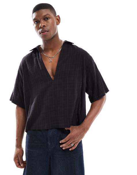ASOS DESIGN - Sort oversized overhead-skjorte med dyb reverskrave i firkantet pasform - view 1