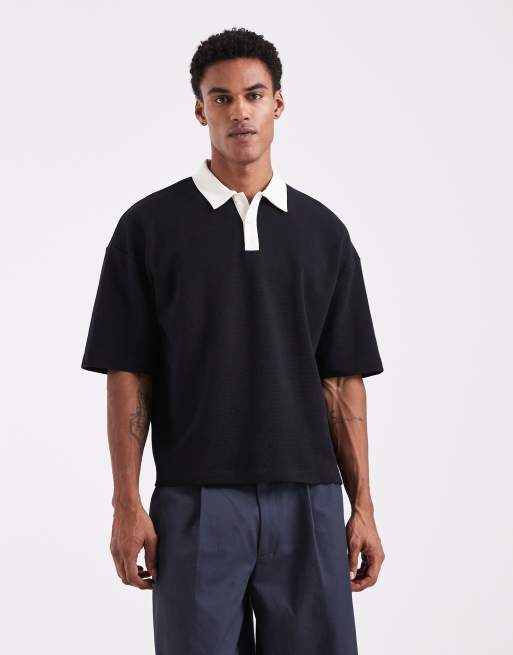 ASOS DESIGN - Sort oversized polo med kontrasterende krave og vaffeltekstur i firkantet pasform