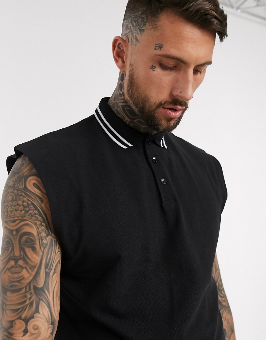 ASOS DESIGN - Sort oversized ærmeløs poloskjorte i piqué med kantdetaljer