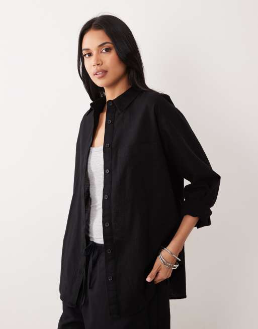 ASOS DESIGN - Sort oversized skjorte i bomulds- og hørblanding