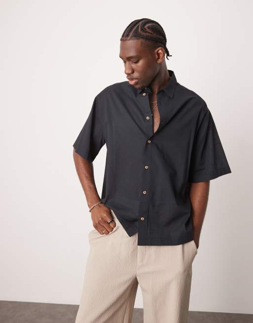 ASOS DESIGN - Sort oversized skjorte i hørlook i firkantet pasform