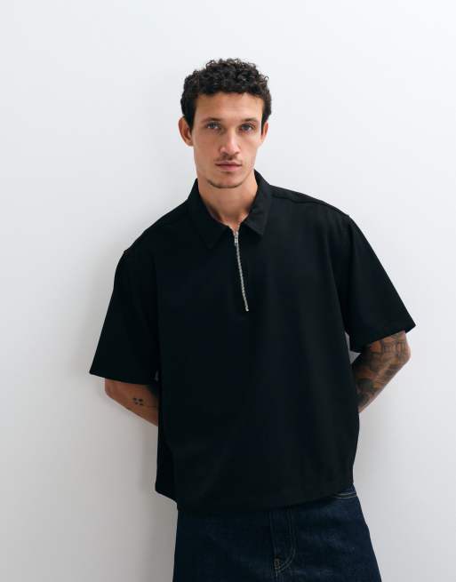 ASOS DESIGN - Sort oversized skjorte med 1/4 lynlås i firkantet pasform