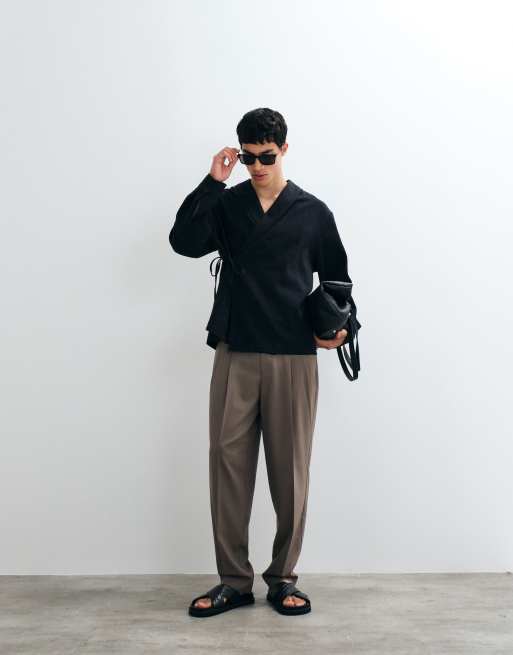 ASOS DESIGN - Sort oversized skjorte med slå-om-bindebånd i hørlook