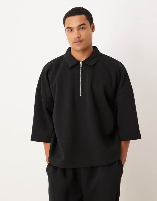 ASOS DESIGN - Sort oversized sweatshirt med 3/4-lange ærmer, kvart lynlås og krave