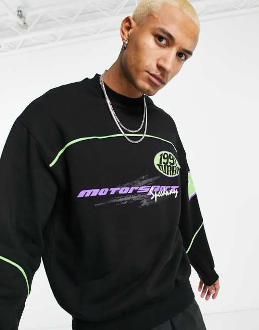 ASOS DESIGN - Sort oversized sweatshirt med farvekanter og motorcross-print