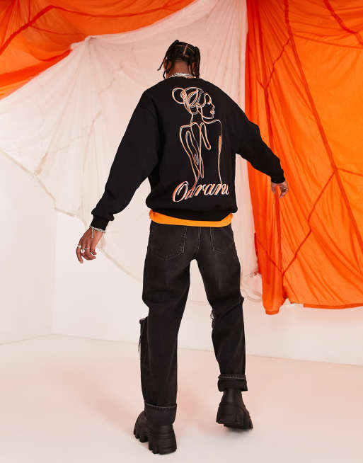 ASOS DESIGN - Sort oversized sweatshirt med skitseprint på ryggen og tekstprint foran