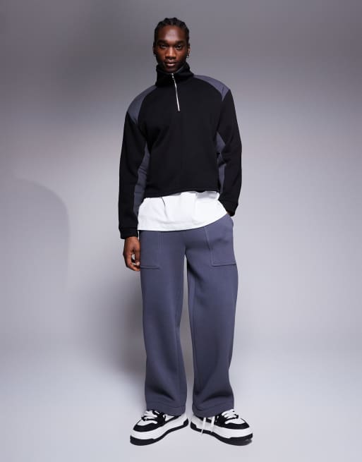 ASOS DESIGN - Sort oversized sweatshirt med sænkede skuldre, ståkrave og nylonpaneler i firkantet pasform
