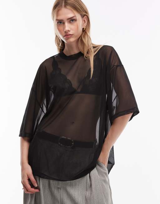 ASOS DESIGN - Sort oversized T-shirt i gennemsigtigt mesh med firkantet pasform