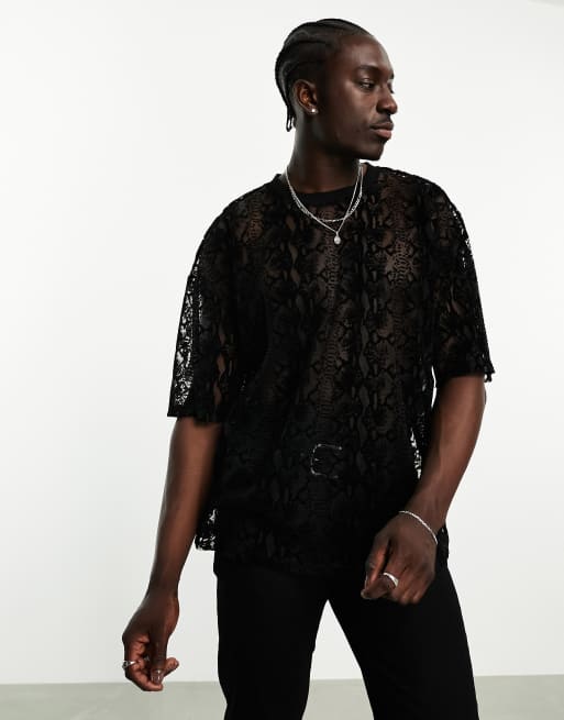 ASOS DESIGN - Sort oversized t-shirt i mesh med mønster i velour