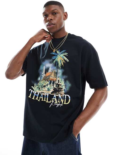 ASOS DESIGN - Sort oversized T-shirt med byprint foran