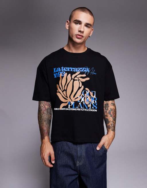 ASOS DESIGN - Sort oversized T-shirt med grafisk blomsterprint i firkantet pasform
