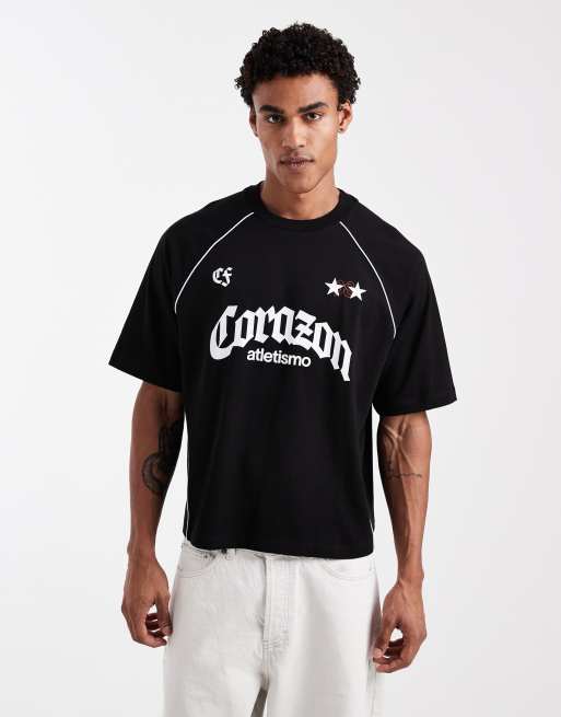 ASOS DESIGN - Sort oversized T-shirt med grafisk fodboldprint og firkantet pasform - Del af sæt