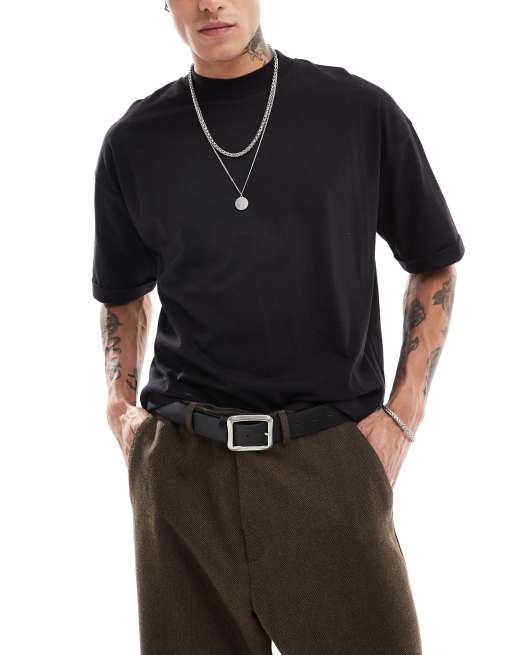 ASOS DESIGN - Sort oversized T-shirt med høj hals i kraftigt stof i firkantet pasform