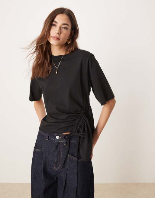 ASOS DESIGN - Sort oversized T-shirt med indsyet detalje med løbesnor